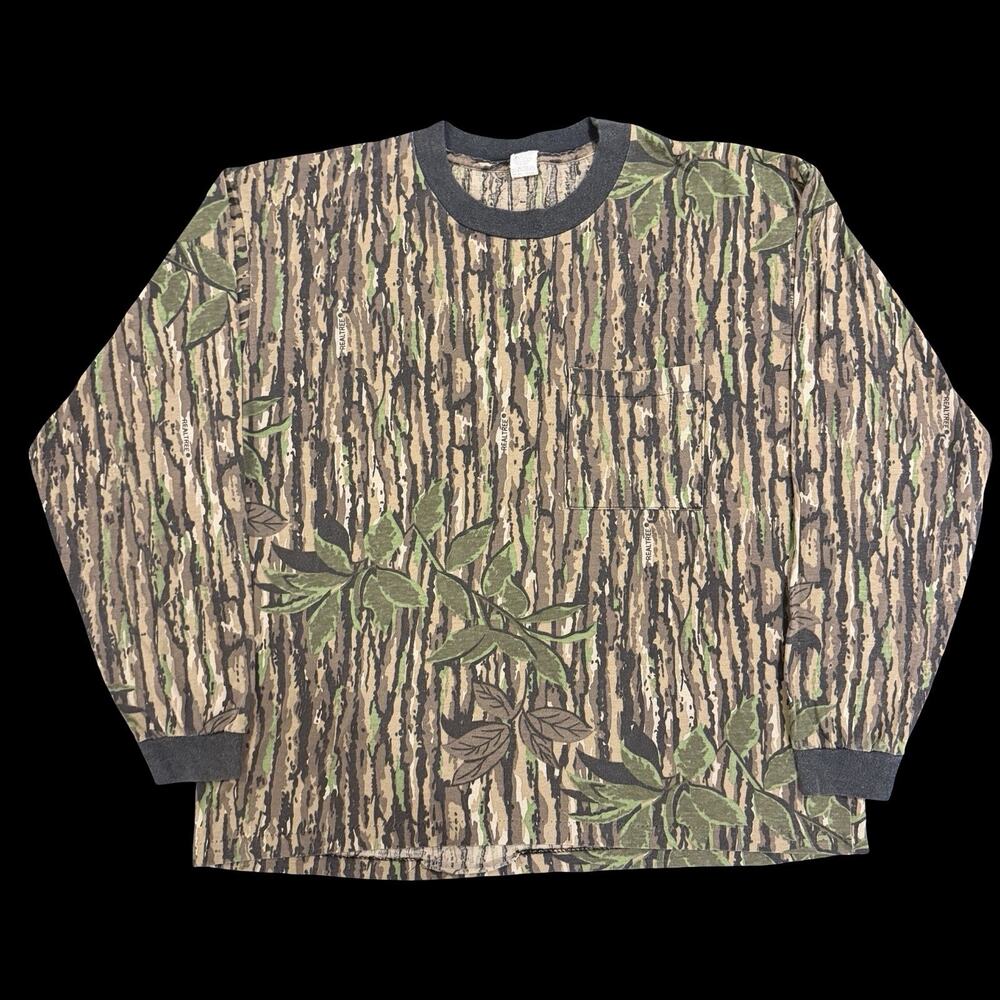 Vintage Realtree Camo T Shirt Long Sleeve All Over Print Pocket USA XL